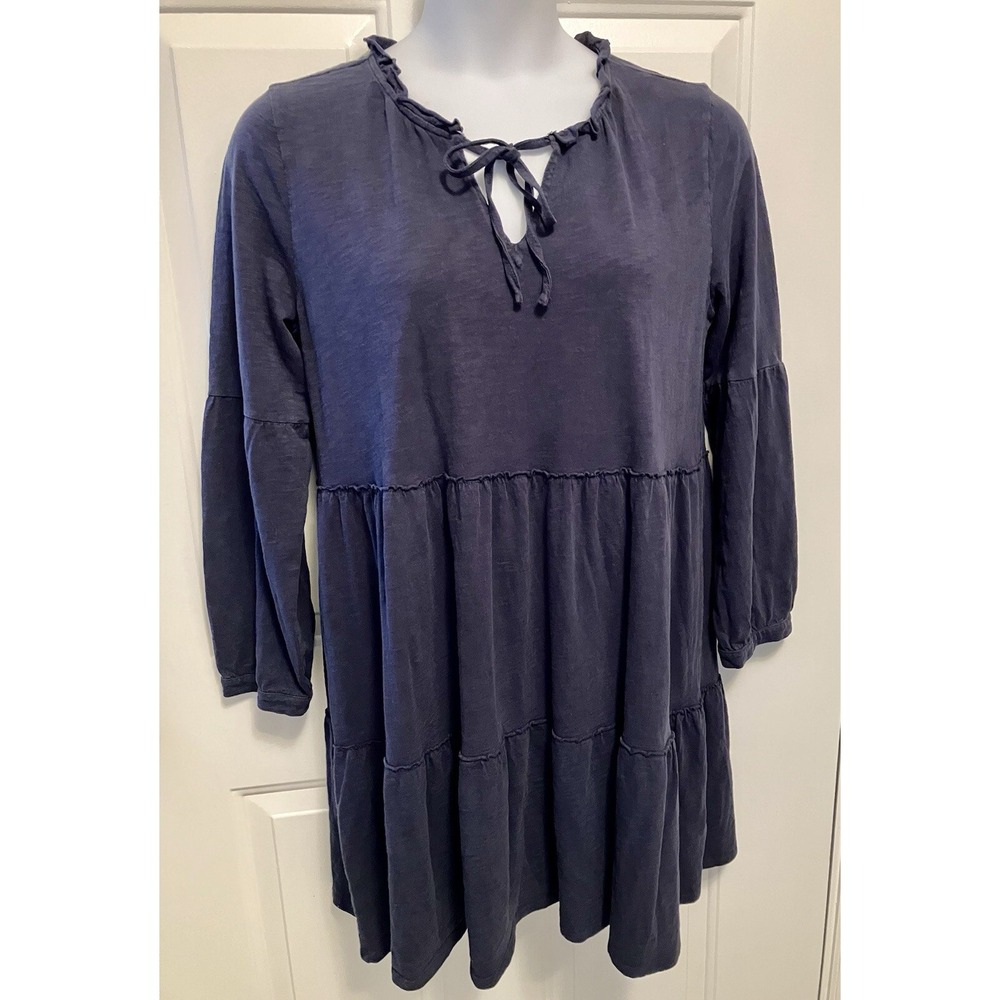Free People Dylan Midi Dress Sz Large Navy Blue Lagenlook Ruffle‎ Swing Cottage
